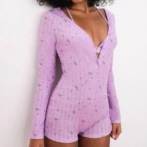 For Love & Lemons Pointelle Deep V-neck Onesie Sleepwear Romper | Purple, Size L